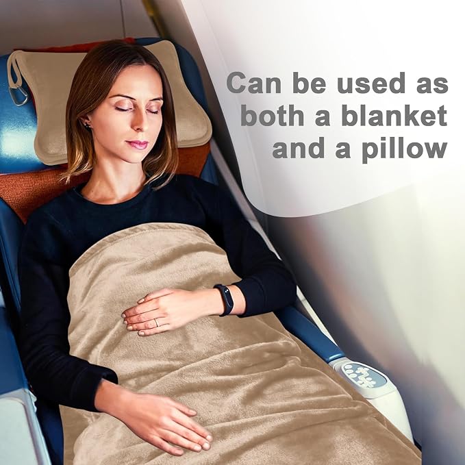 Travel Blanket and Pillow Compact, Premium Soft 2 in 1 Airplane Blanket with Soft Bag Pillowcase，Hand Luggage Sleeve and Backpack Clip (Brown) - Image 6
