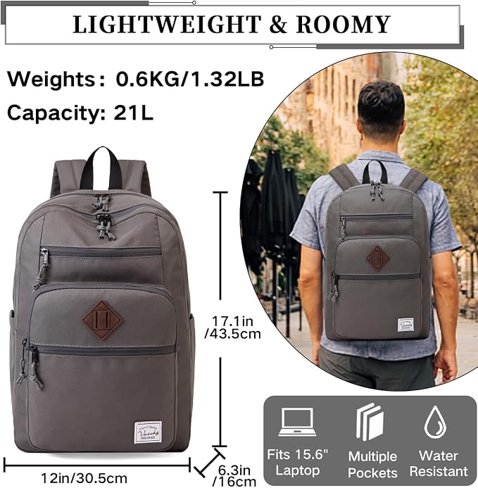 VASCHY School Backpack for Men, Unisex Large Bookbag Schoolbag Casual Daypack for High School/College/Teens/Travel/Work Gray - Image 3