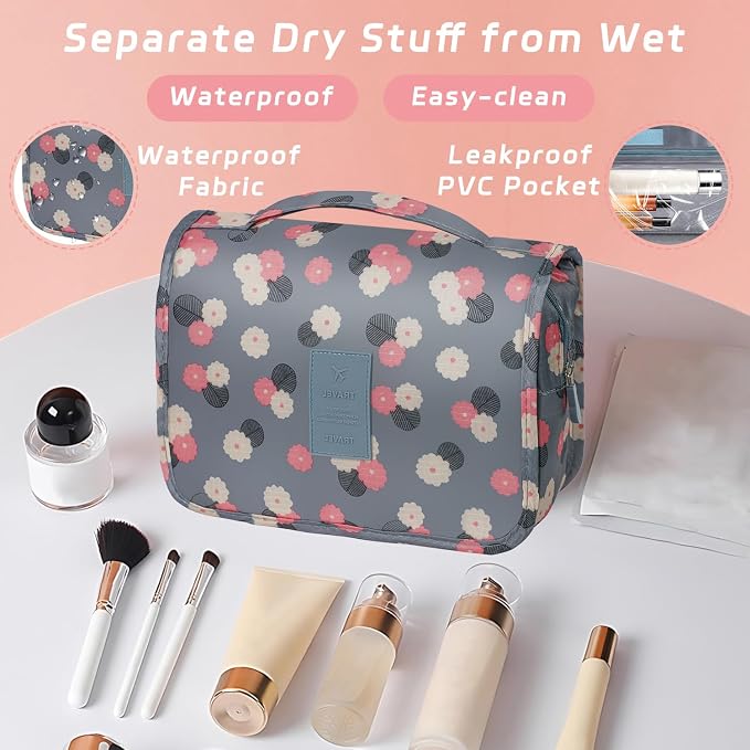 Toiletry Bag Travel Bag with Hanging Hook for Women Men,Blue Flower | Waterproof Small Capacity Hanging Multifunctional Makeup Bag for Toiletries, Portable Cosmetic Bag Travel Organizer - Image 5