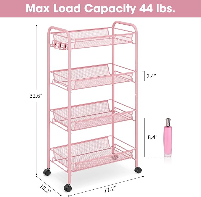 TOOLF 4 Tier Rolling Cart, Metal Utility Storage Cart with Wheels, Pink | 3 Hooks, Screwless Assembly, Trolley Organizer for Bathroom, Kitchen, Office, Nursery, Dorm, Laundry Room - Image 6