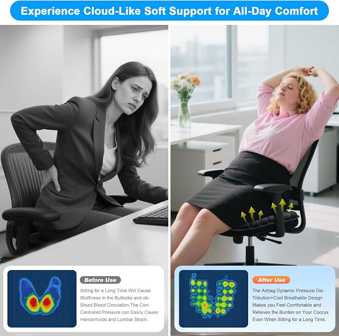 56 3D Air Cell Seat Cushion, Inflatable Travel Seat Cushion for Airplane,Office Chair, Wheelchair, Cars, Home Living, Comfortable Pressure Relief Tailbone Pain Relief (Black1, 16"x18") - Image 3