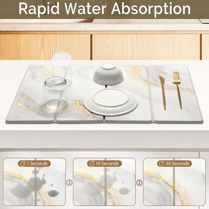 Large Stone Dish Drying Mat for Kitchen Counter, 2 PCS Quick Dry Stone Mats, Foldable Water Absorbing Diatomaceous Earth Drying Dishes Pad for Countertop Bottle Utensil Cup(Yellow White 24"x16"&8"x4") - Image 3