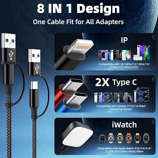Travel Essentials 4-in-2 Multi Charging Cable for Apple Watch Charger, 5FT | Charging Cords for Multiple Devices with Dual Type-C/IP/iWatch Charger, Travel Cable for iWatch Ultra/11-2, iPhone17-8 - Image 3