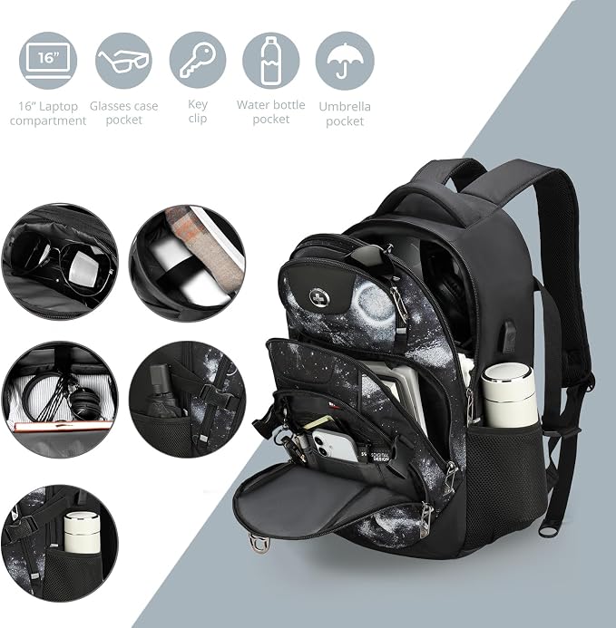 Swissdigital Laptop Backpack with USB Charging Port, Travel Backpack Fits 15.6 inches Computer, 31L Backpack for Men, Starry Sky | SD803-98 - Image 7