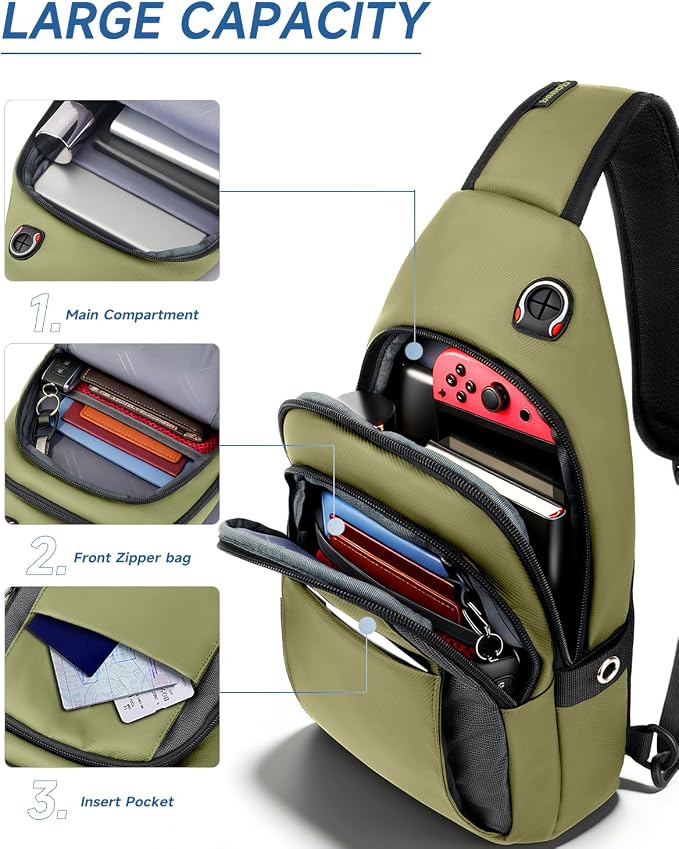Anti-Theft Tactical Sling Bag for Men&Women, Water Resistant Crossbody Mini Backpack, Travel Hiking Lightweight Chest Pack,Built-in Audio Port, Reversible Strap, Fits 11 inch iPad & Switch 2 - Image 3