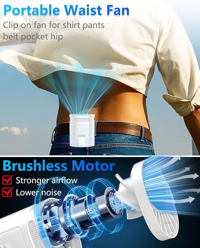 Portable Fan Clip on Pants-Personal Little Light Weight Waist Fan Coolclip Belt Hip Pocket Hard Hat,Wireless Wear Charging Battery Powered Quiet Undershirt Waist Band Coolclip Fans Adult Kid White - Image 3