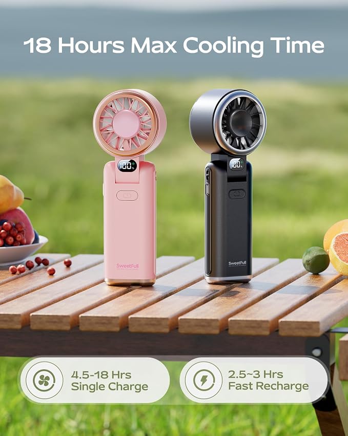 SWEETFULL Portable Handheld Turbo Fan - Portable Fans Rechargeable, 5000mAh, 180° Adjustable, 5 Speed Wind, Digital Display Electric Personal Hand Fan Quiet, Travel Essentials, Beach Vacation (Black) - Image 2
