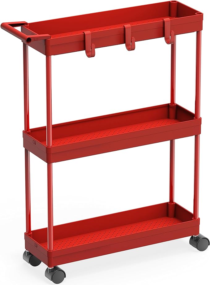 Simple Houseware 3-Tier Slim Rolling Cart w/Handle 5.5" Wx27.5 H, Red | Storage Cart for Narrow Space (5.5-Inch Wide) Kitchen, Bathroom, Laundry Room by SimpleHouseware
