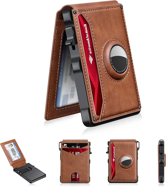 KIKVES Airtag Wallet for Men, Mens Smart Wallet for Air Tag RFID Blocking, Minimalist Bifold Pop Up Aluminum Credit Card Case Holder 12+ Cards with ID Window, Gift for Men, No Airtag Included, Brown by KIKVES