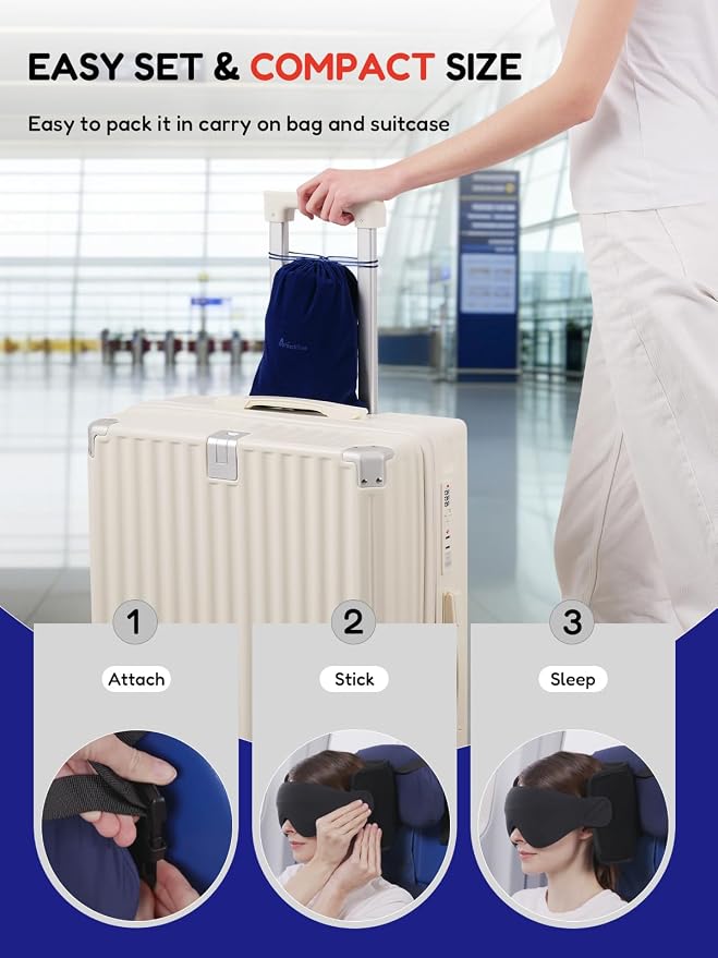 Travel Pillow for Airplanes Head Strap Support, 3D Eye Mask | 360 Airline Sleep Support Headrest Pillow No Bobbing Head Sleeping Aid Travel Essentials Long Flights/Car/Trip Faded Blue - Image 8