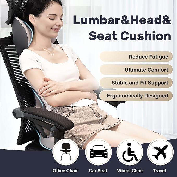 Coverado Car Seat Cushion and Lumbar Support with Headrest Pillow Memory Foam Ergonomic Back Support Driving Seat Cushion Neck Head Pillow, Back Pain Relief, Cushion for Car Driver Office - Image 2