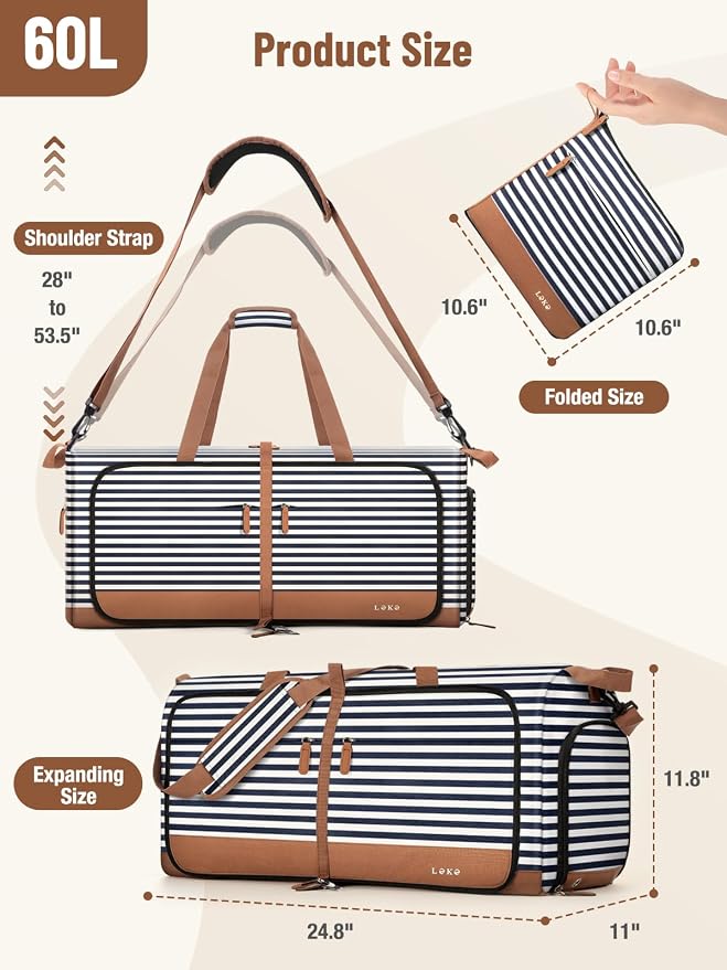 Lekesky Foldable Travel Duffle Bag for Women, 60L Large Duffel Bag with Separate Shoes Compartments & Straps, Carry On Weekend Bag for Women, Hospital, Overnight (Blue Stripes) - Image 3