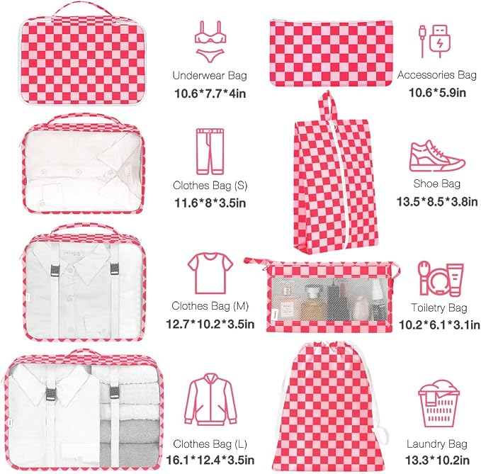 8 Set Packing Cubes for Suitcases,Packing Cube with Shoe,Cosmetics,Clothing, and Accessories Bags Packing Cubes for Travel Luggage Organizer Women Men(Rose Checkered) - Image 2