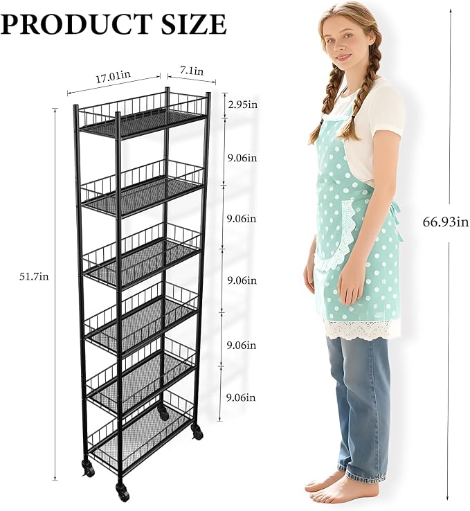 Utility Slim Storage Cart 6 Tier Narrow Metal Frame Carts | 6 Tier Narrow Kitchen Storage Cart,Laundry Room Carts, for Kitchen,DiningRoom,Living Room,Home Office,Classic Black - Image 6