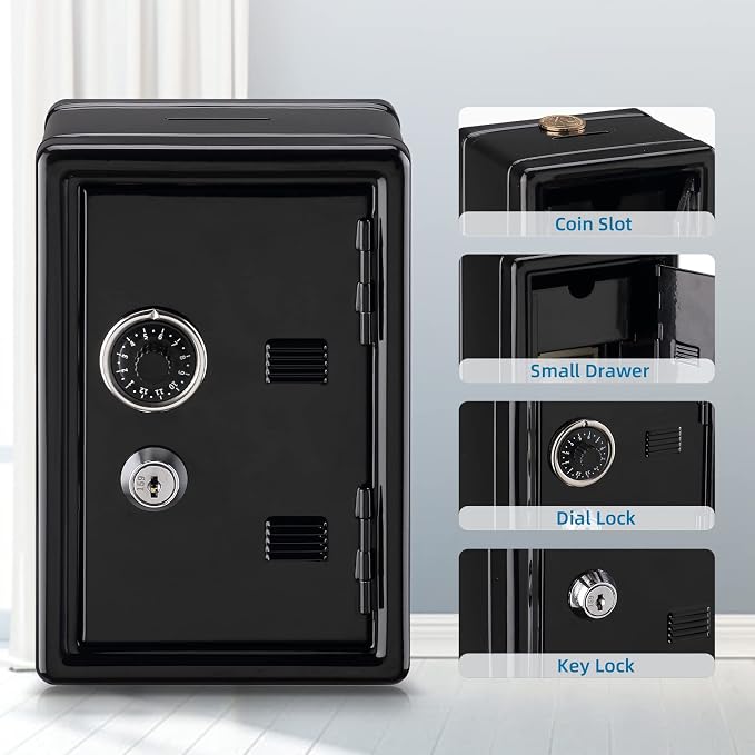 Younion Mini Money Safe and Cash Lock Box, 4.6"x 4.2"x 6.9" Black - Image 3