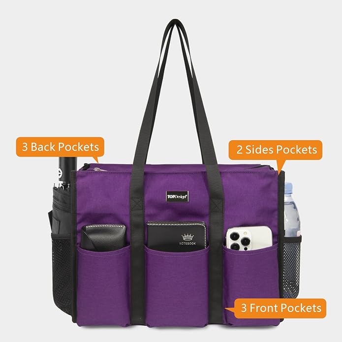 TOPDesign Utility Water Resistant Tote Bag with 13 Pockets, Top Zipper Closure & Thick Bottom Support, for Working Women - Image 3
