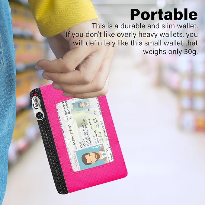 Minimalist RFID Blocking Wallet with 2 Zip Pockets and Lanyard, Water Resistant ID Case with Key Ring and Cards Badge Holder, Coin Purse Pouch for Men and Women Travel Sports -BU+ROSE - Image 6