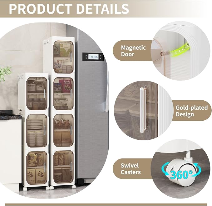 4 Tier Slim Bathroom Storage Cabinet, Foldable and Movable, White | Tools Free, ABS and PET, Magnetic Clear Door, Adjustable Shelves, Lockable Wheels, Water Resistant, For Narrow Space - Image 5