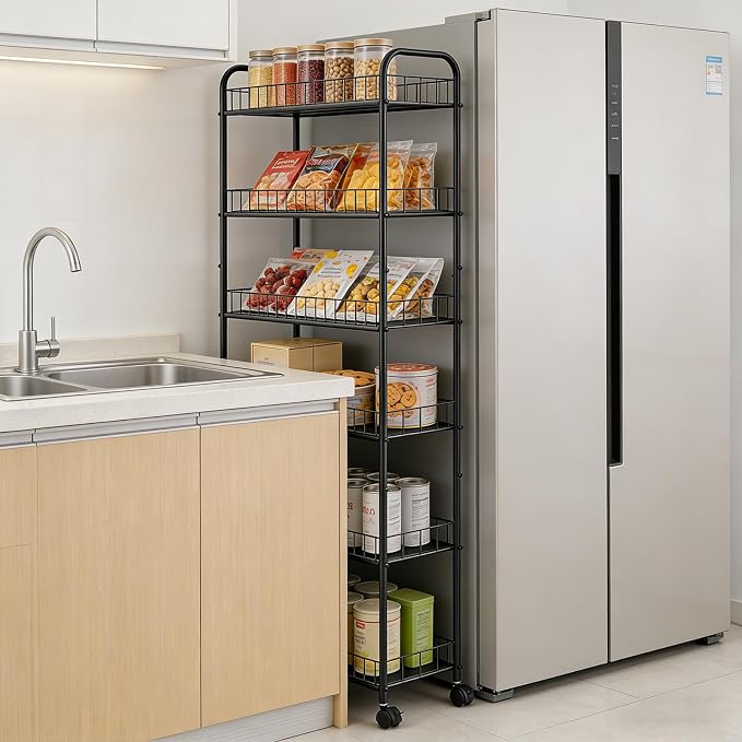 10in 6-Tier Slim Storage Cart with Wheels, Metal 10in Wide Black Narrow Rolling Shelf, Sturdy Slim Storage with Hooks Ideal for Kitchen, Bathroom, and Laundry Room - Image 3