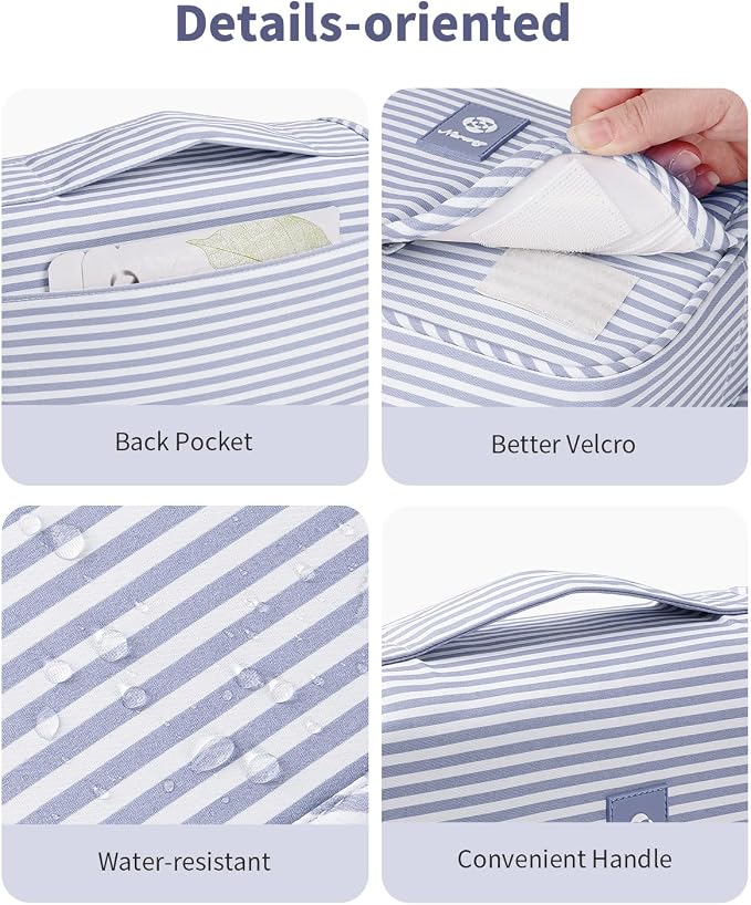 Narwey Small Hanging Toiletry Bag for Travel Women Girl, Striped Toiletries Travel Bag with Hook, Hanging Makeup Bag Organizer Make Up Cosmetic Bags, Gifts for Kids Teen (Greyish Blue Stripe) - Image 5