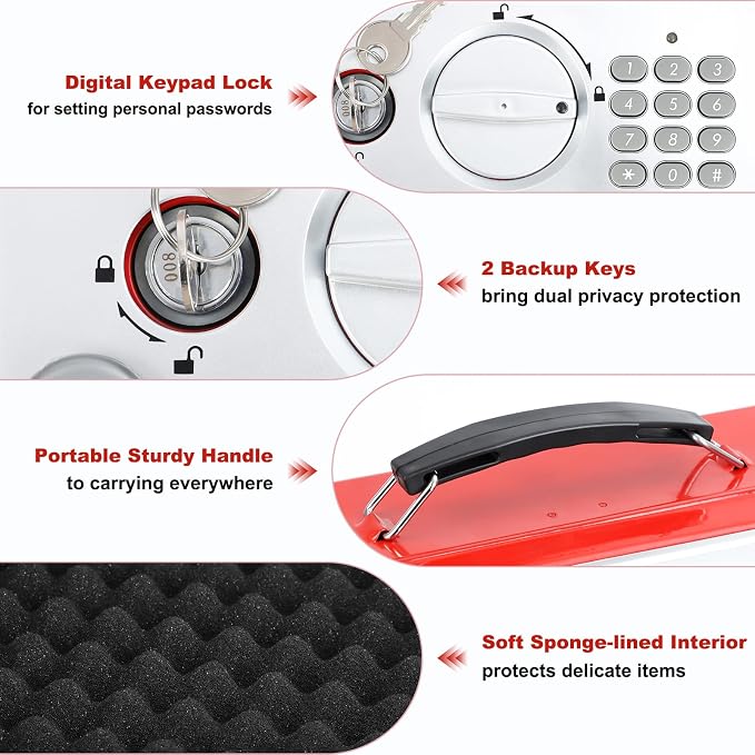 KYODOLED Red Safe Box with Digital Keypad Lock, Lock Box with Code for Personal Items, Metal Security Box for Cash, Passport, Jewelry, Ideal for Home, Office, Garage Sale, 11.8'' x 9.4'' x 3.5'' - Image 4