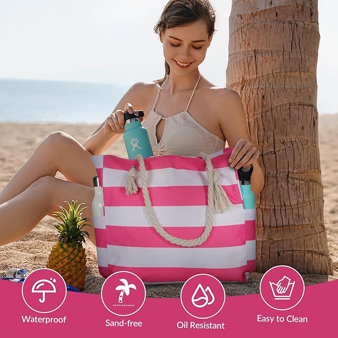 Clothirily Beach Bag for Women, Large Beach Tote Bag Waterproof with Zipper | Large Capacity Swim Pool Bag, Inner Pockets, Sandproof Foldable Beach Tote for Travel Essentials - Image 6
