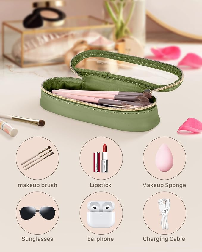 Soimeat Clear Travel Makeup Brush Holder, Leather Makeup Brush Toiletry Bag, Portable Cosmetic Brush Case, Transparent Waterproof Makeup Brush Storage Bag, Green - Image 2