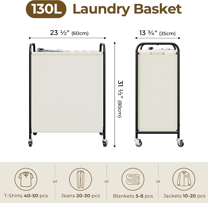 GRANNY SAYS 2 Section Laundry Sorter, 130L Large Hamper Basket with Wheels | Divided Beige Hamper Cart, Rolling Organizer for Bedroom, Bathroom - Image 2