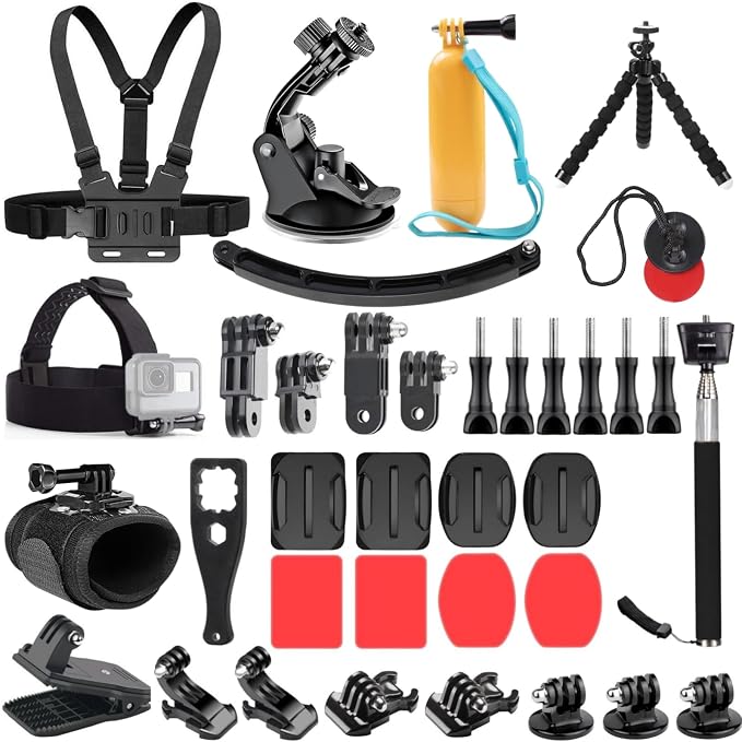 Accessories Kit for Action Camera, Chest & Head Strap Mount, 360° Rotating Wrist Strap Mount, Backpack Clip, Suction Cup Mount, Floating Handle Grip and Various Adjustable Camera Accessories by ONMOPLS