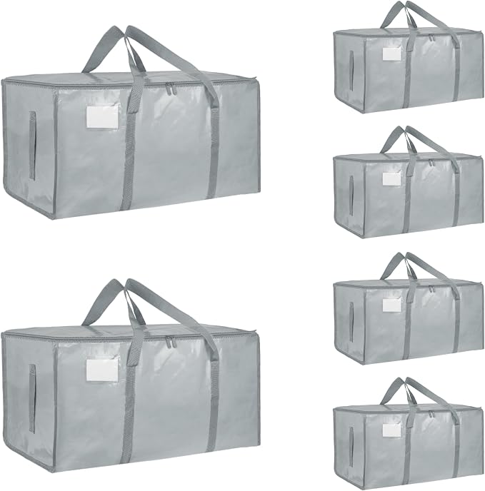 6 Pack-Extra Large Heavy Duty Moving Bags - Waterproof Storage Totes with Handles & Zippers, Foldable for College Dorm, Storage (light gray) by Unknown