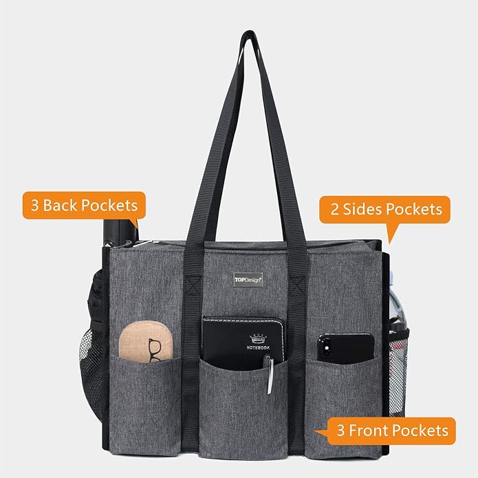 TOPDesign Utility Water Resistant Tote Bag with 13 Pockets, Top Zipper Closure & Thick Bottom Support, for Working Women - Image 3