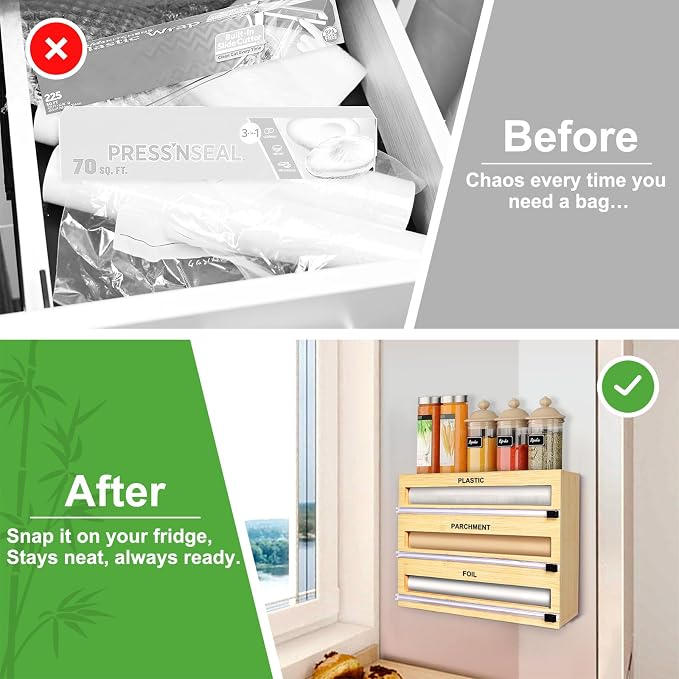 MSJGA Magnetic Plastic Wrap Dispenser with Cutter for Drawer&Refrigerator | 3 in 1 Fridge Bamboo Organizer for Tin Foil, Baking Paper, Wax Paper Holder Kitchen Storage Box Compatible,13" x 8.2" x 2.7" - Image 6