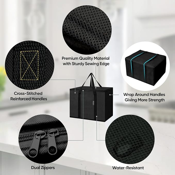 BALEINE 2Pk Insulated Reusable Grocery Bags, Collapsible Cooler Bag for Groceries, Heavy Duty Large Insulated Bag (16''x9''x13'', Charcoal Black) - Image 3