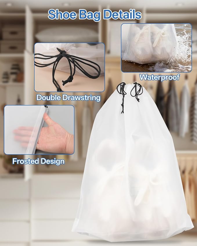 Teskyer Shoe Bags for Travel, Waterproof Drawstring Shoe Bags, 20 Pack | 15.7" x 11.8" Fits Most Shoes, Reusable PE Material, Tear-resistant Design, Travel Essentials for Organized Packing - Image 6