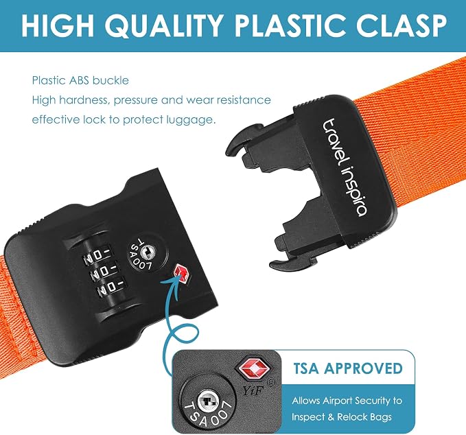 Travel Inspira Heavy Duty Luggage Straps with TSA Lock | Anti-Burst Protection; High Visibility Orange; TSA-Lock Belt with Tag; Adjustable 103-200cm; 20-28 Inch Bags; Anti-Burst - Image 5
