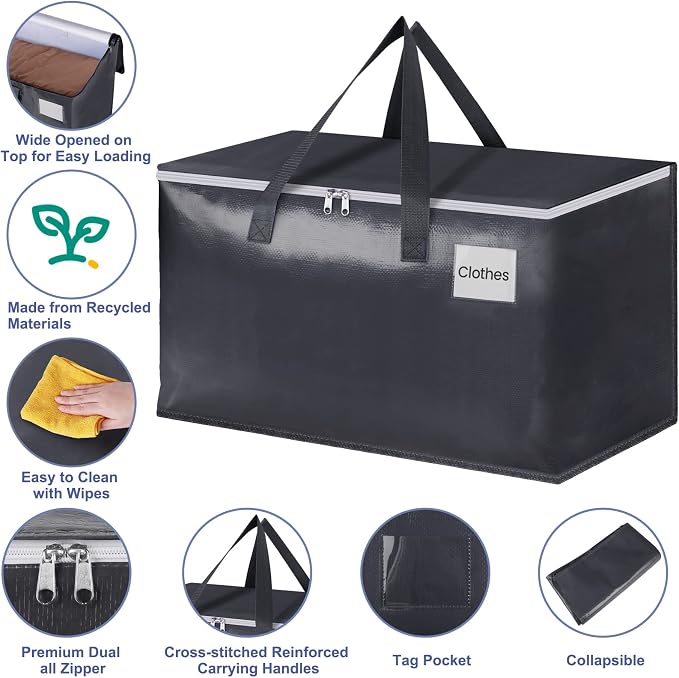 StorageRight Heavy Duty Moving Boxes-Moving Bags with Zipper, Reinforced Handles and Tag Pocket-Collapsible Moving Supplies-Totes for Storage Great for Moving, Storage and Travel 93L(Gray-6 Pack) | Heavy Duty Storage Bins with Lids, Zipper, Reinforced ... - Image 3