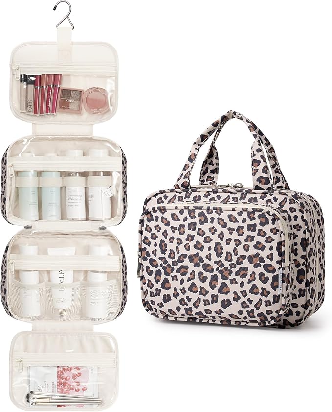 Narwey Hanging Toiletry Bag for Women, Travel Makeup Bag Organizer, Dry Wet Separation, Portable Bathroom Travel Bag for Toiletries, Cosmetics, Essentials, Brushes (Leopard) - Image 2