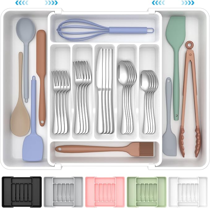 ukeetap Extra Large Expandable Silverware Organizer, Flatware Tray,White | BPA-Free Food-Safe Kitchen Utensil Cutlery Drawer Organizer, Adjustable Silverware Holder for Spoons Forks Knives by ukeetap