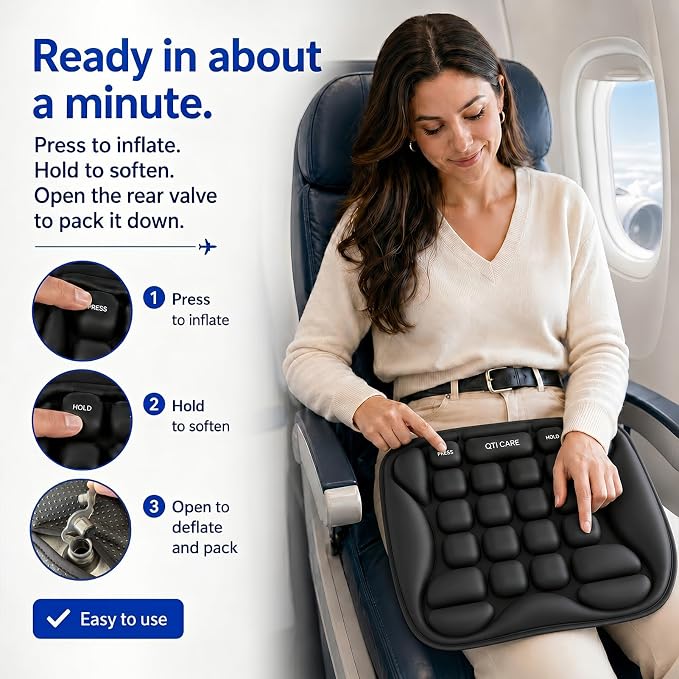 Airplane Seat Cushion, Air-Cell Travel Cushion for Long Flights, Inflatable Portable Seat Pad with Built-in Pump for Air Travel, Car, Office Chair and Wheelchair - Image 8
