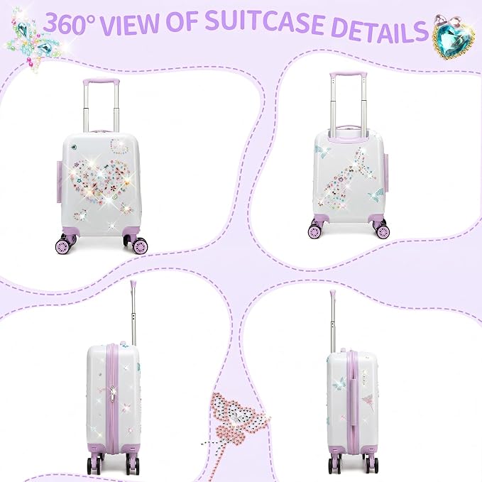 Kids Luggage Sets Suitcase Set with Travel Pillow for Girls 10 Sheets Gem Stickers Small Suitcase with Wheels Hardshell Carry on Luggage for Airplane Travel Essential DIY Styles Purple - Image 6