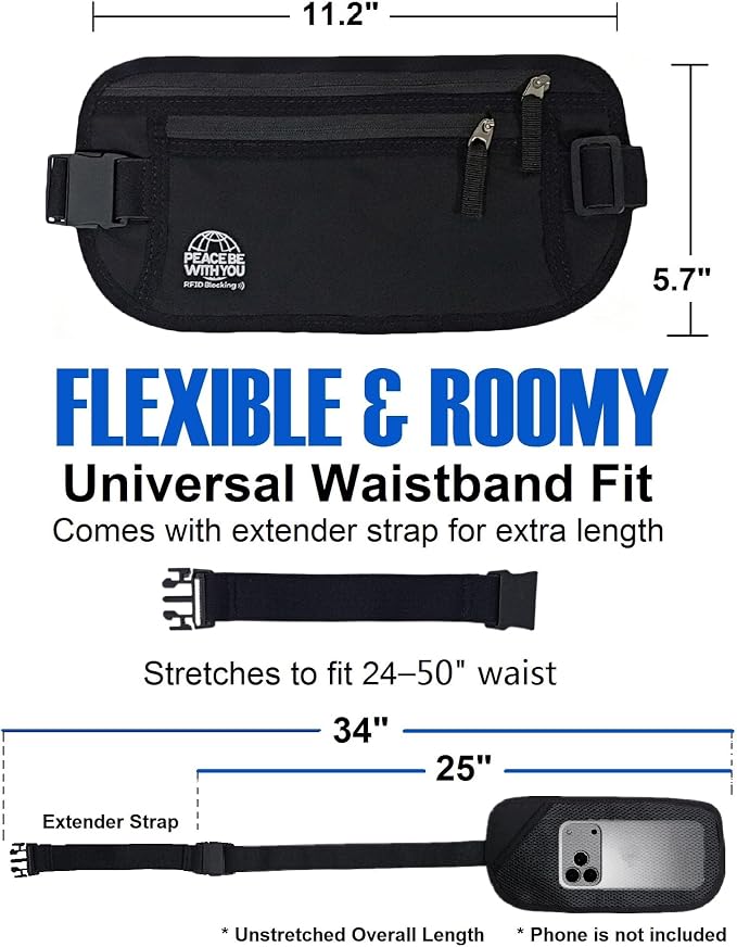 Money Belt for Travel, Passport Holder, RFID Blocking, Extender Strap | 3rd Gen Slim Waist Wallet Anti Theft to Protect Cash, Credit Cards and Document Under-Clothes for Men & Women, Black, Bamneat - Image 3