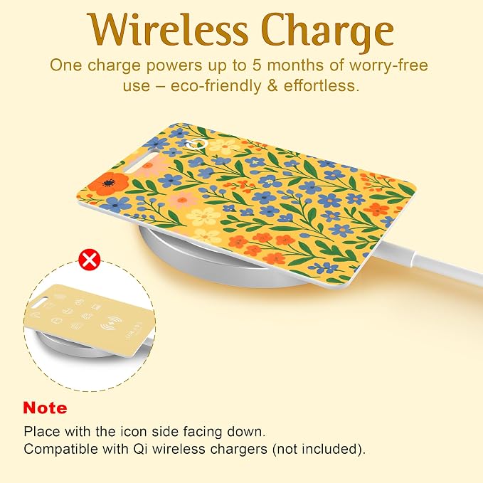 Wallet Tracker Card – Slim Bluetooth Tracker, IP68 Waterproof, Rechargeable Wireless Locator for Wallets, Luggage & Passports Compatible with Find My on iPhone (Yellow Blue Flowers) - Image 6