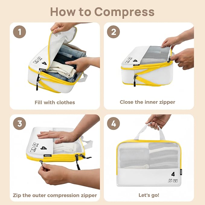 7 Set Compression Packing Cubes for Travel, Luggage Organizer Bags for Suitcases with Mesh Panels, Shoe Bag & Toiletry Bag for Carry On, Vacation & Cruise Essentials (White) - Image 3