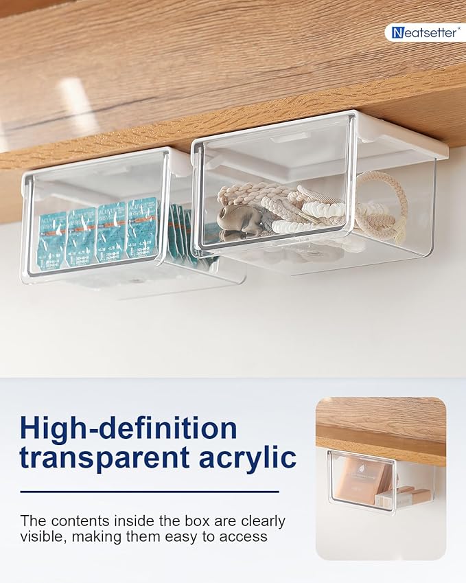 Hanging Cabinet Organizer – 33° Tilted Under Desk Drawer & Bathroom Storage – Self-Adhesive Clear Pull-Out Bins for Kitchen, Office & Vanity (Medium) - Image 3