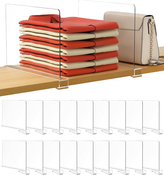 HBlife 18 Pack Clear Shelf Dividers, Vertical Purse Organizer for Closet Perfect for Sweater, Shirts, Handbags in Bedroom and Kitchen, Adjustable Acrylic Bookshelf for Organization by HBlife