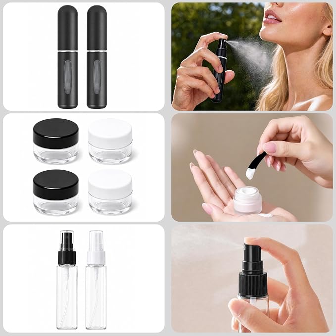 24 Pack Travel Bottles for Toiletries -TSA Approved Leak Proof Silicone Set | Refillable Travel Size Containers Kits with Perfume Spray Bottle for Shampoo, Conditioner, Lotion, Cosmetic (Black) - Image 4