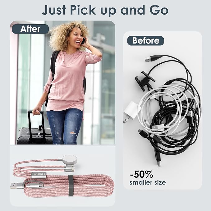 2Pack Travel Essentials,Multi Charging Cable for Apple Watch Charger Pink | 4FT for Airplane Gadgets RV Essentials for iWatch Ultra/10-2/iPhone 17-11/Samsung S25-S20,airPods,Car - Image 3