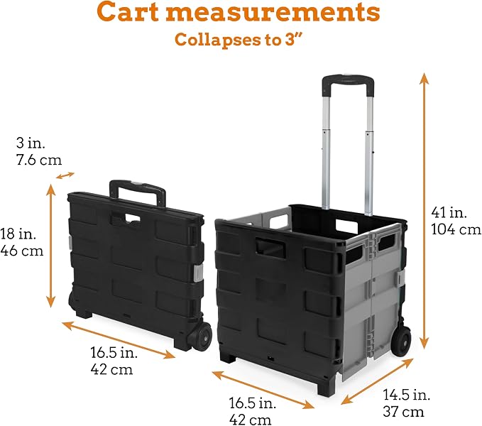 Inspired Living Ultra-Slim Rolling Collapsible Storage Pack-N-Roll Utility-carts, with Telescopic Handle, for Home, Garden, Shopping, Office, School use, Large, Grey & Black - Image 2