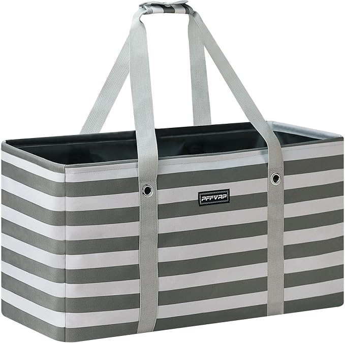 Stand Up Extra Large Utility Tote Bag, Foldable Reusable Grocery Bags with Metal Wire Frame & Reinforced Bottom Board, Large Utility Tote for Shopping, Car Trunk, Beach Bag (Grey) by PFFVRP