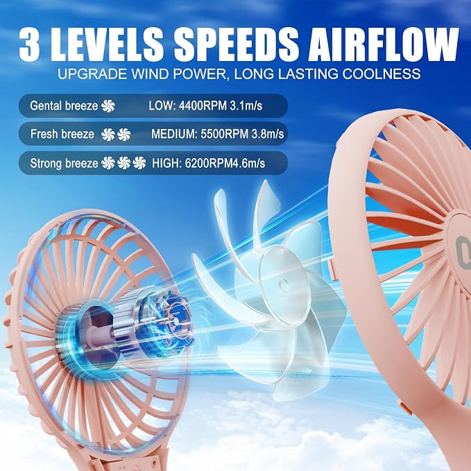 QQT Mini Handheld Fan, Small Personal Cooler with 3 Speeds, Portable Battery Operated, USB Rechargeable Makeup Eyelash Dryer, Strong Airflow for Travel, Office, Outdoor, Women, Men, and Kids (Pink) - Image 2